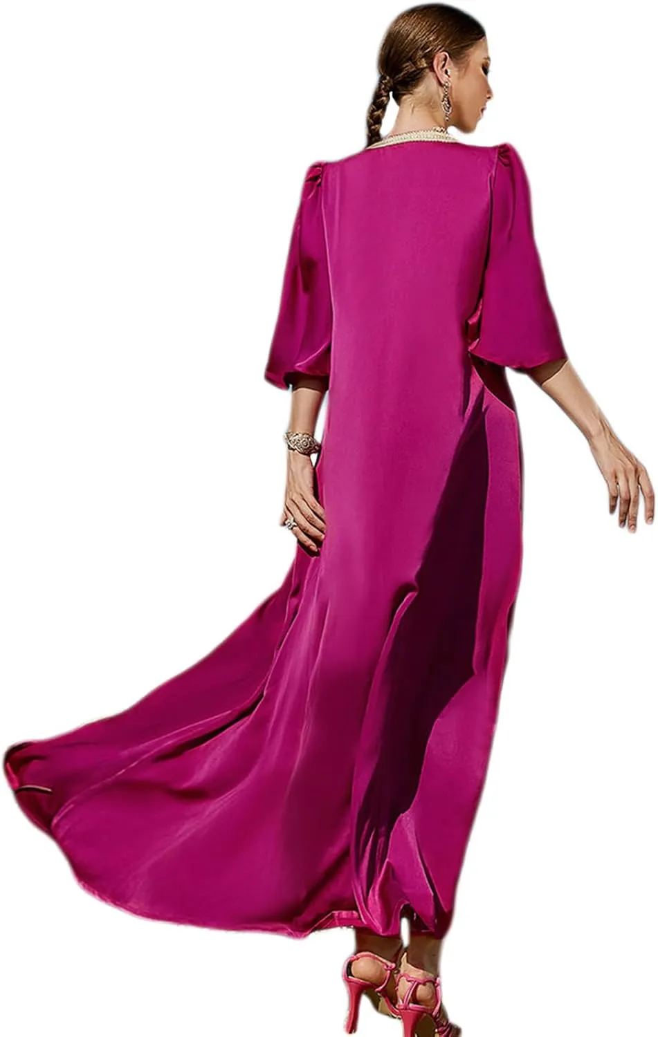 IDOPIP Embroidery Abayas for Women Muslim Moroccan Floral Maxi Kaftan Dress Arabic Islamic Dubai Robe Ramadan Prayer Clothes