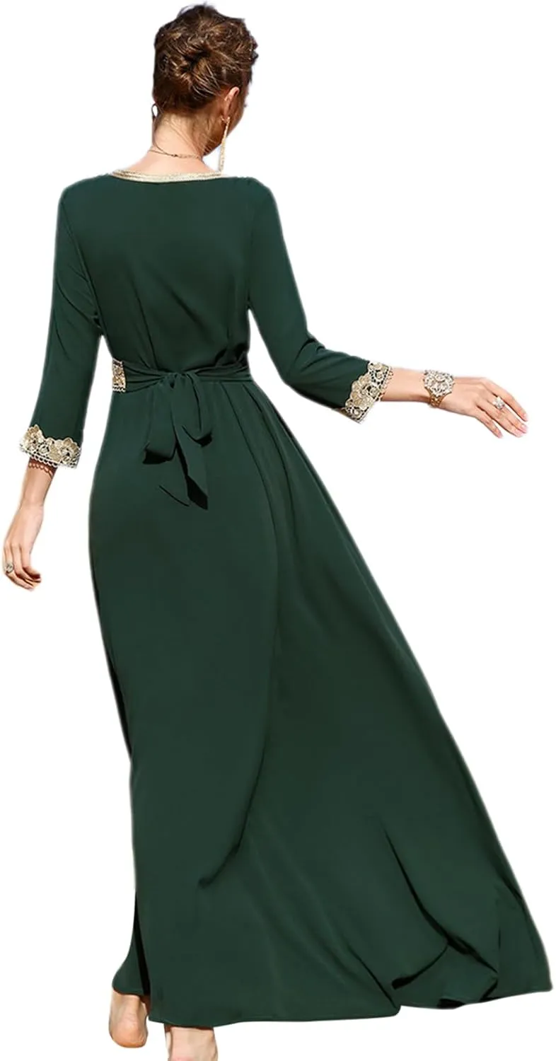 IDOPIP Embroidery Abayas for Women Muslim Moroccan Floral Maxi Kaftan Dress Arabic Islamic Dubai Robe Ramadan Prayer Clothes