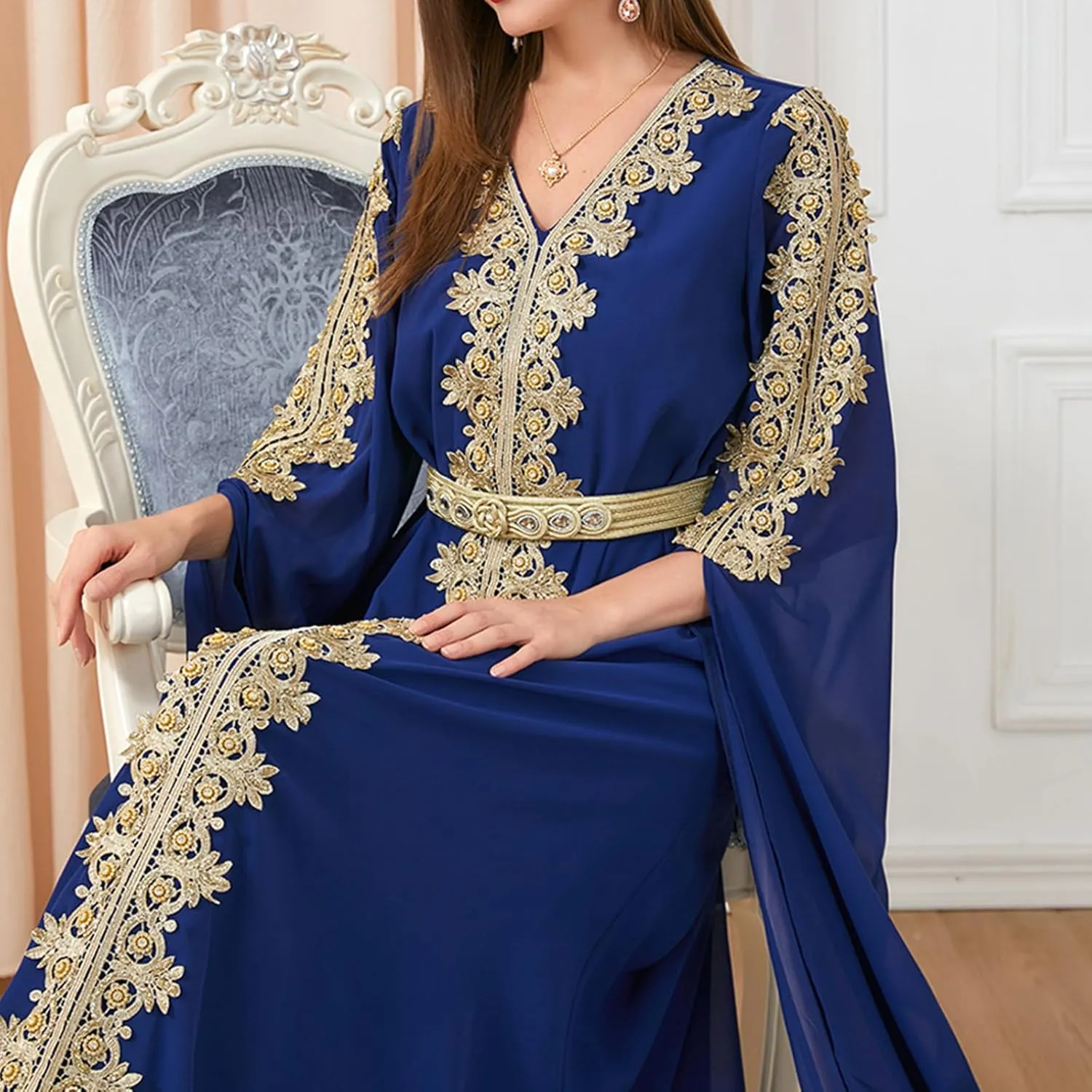 IDOPIP Embroidery Abayas for Women Muslim Moroccan Floral Maxi Kaftan Dress Arabic Islamic Dubai Robe Ramadan Prayer Clothes