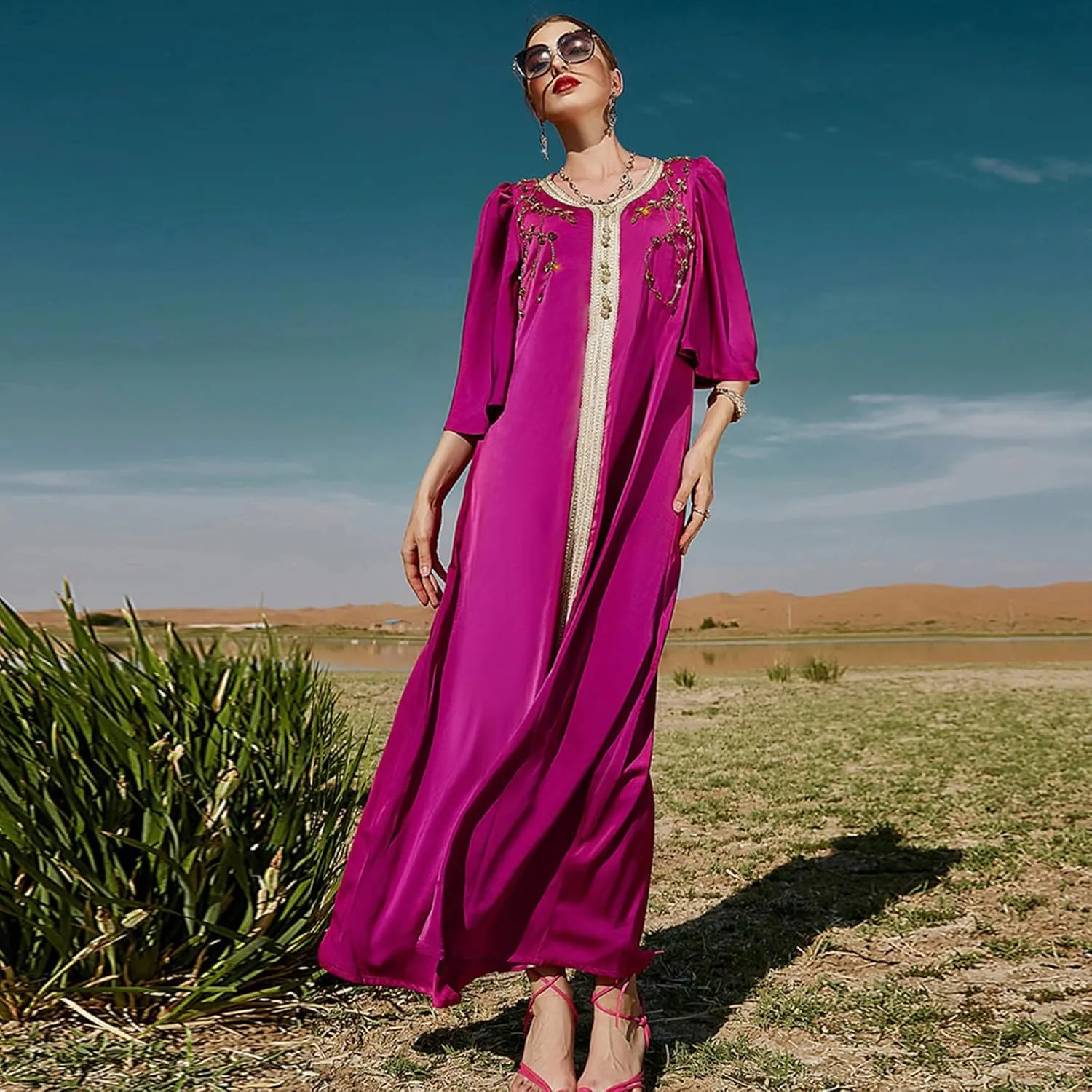IDOPIP Embroidery Abayas for Women Muslim Moroccan Floral Maxi Kaftan Dress Arabic Islamic Dubai Robe Ramadan Prayer Clothes
