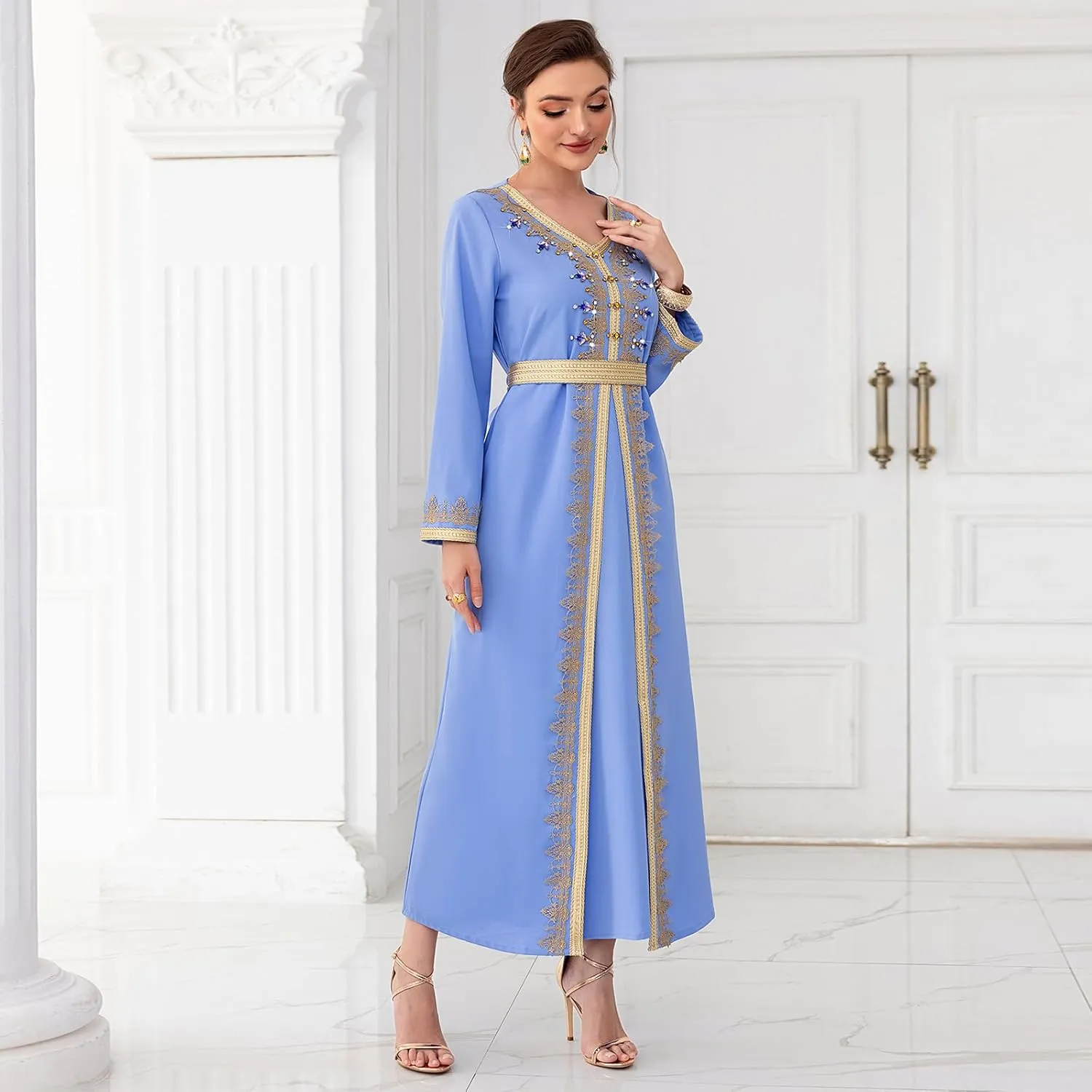 IDOPIP Embroidery Abayas for Women Muslim Moroccan Floral Maxi Kaftan Dress Arabic Islamic Dubai Robe Ramadan Prayer Clothes