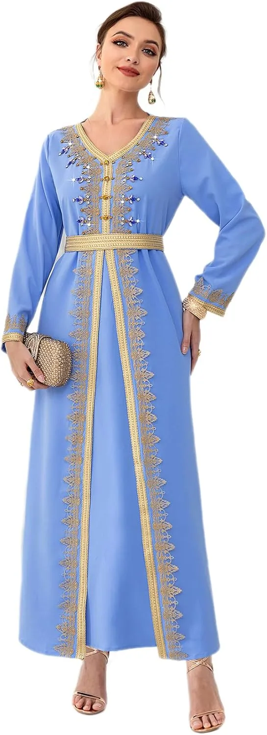 IDOPIP Embroidery Abayas for Women Muslim Moroccan Floral Maxi Kaftan Dress Arabic Islamic Dubai Robe Ramadan Prayer Clothes