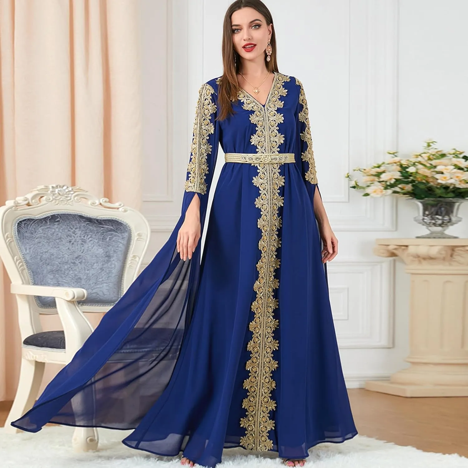IDOPIP Embroidery Abayas for Women Muslim Moroccan Floral Maxi Kaftan Dress Arabic Islamic Dubai Robe Ramadan Prayer Clothes