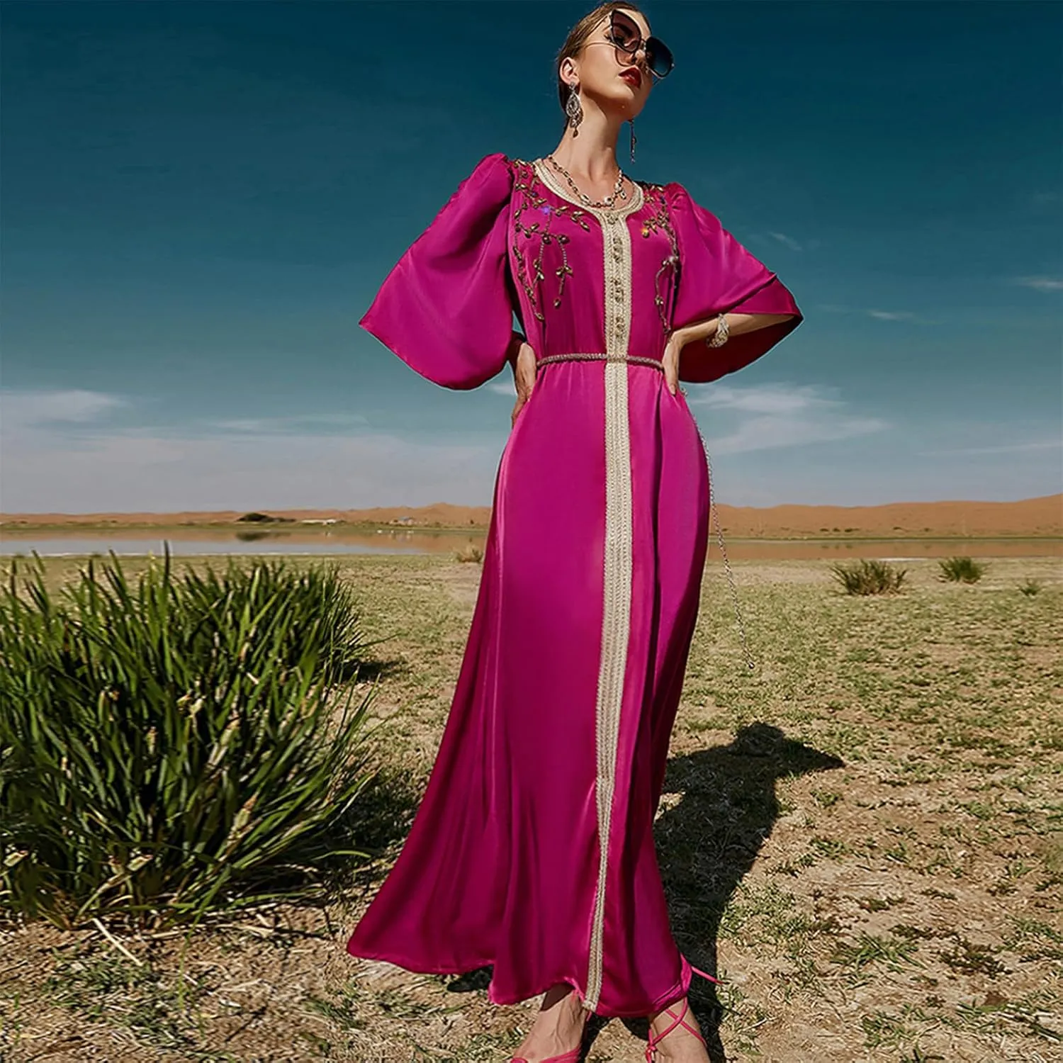 IDOPIP Embroidery Abayas for Women Muslim Moroccan Floral Maxi Kaftan Dress Arabic Islamic Dubai Robe Ramadan Prayer Clothes