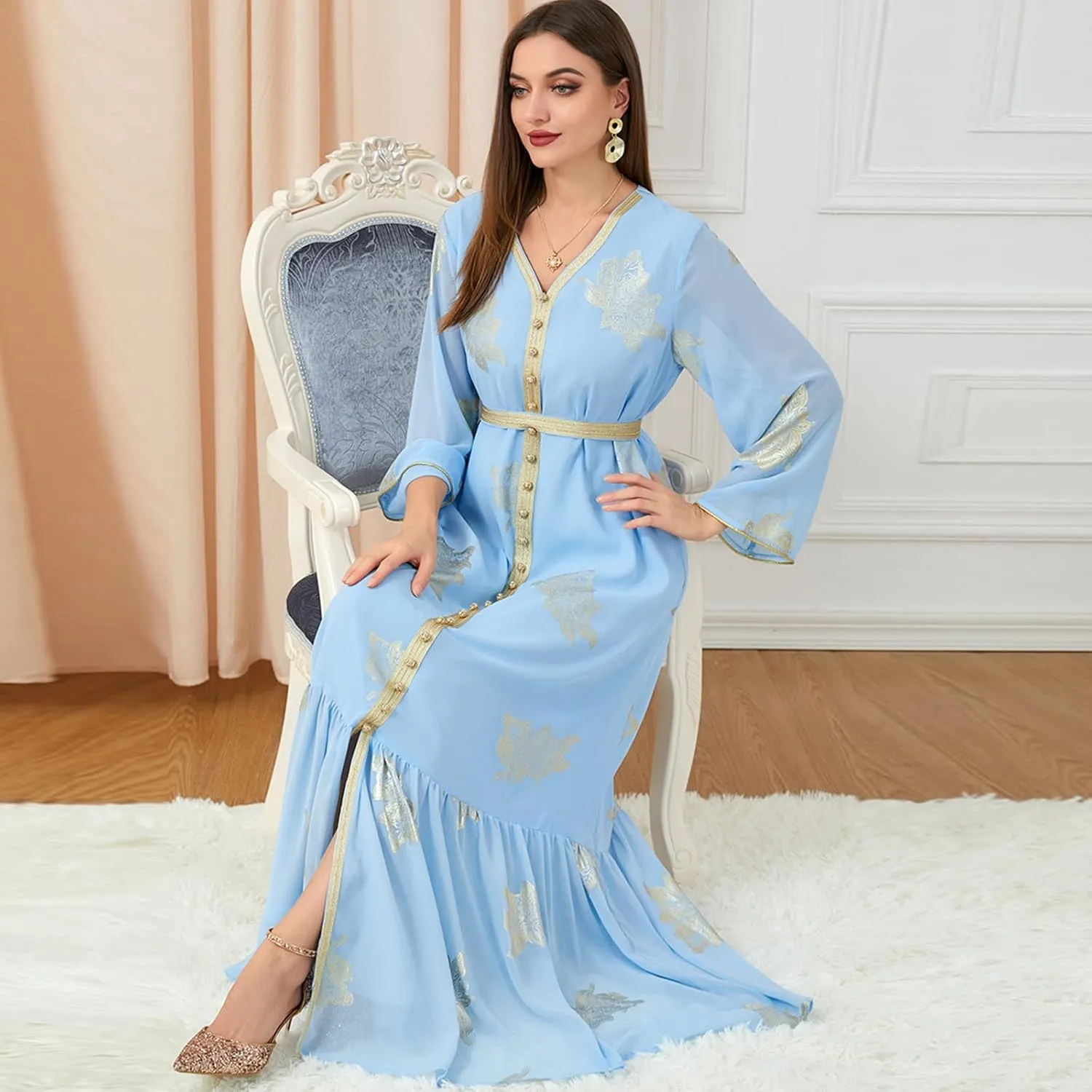 IDOPIP Embroidery Abayas for Women Muslim Moroccan Floral Maxi Kaftan Dress Arabic Islamic Dubai Robe Ramadan Prayer Clothes