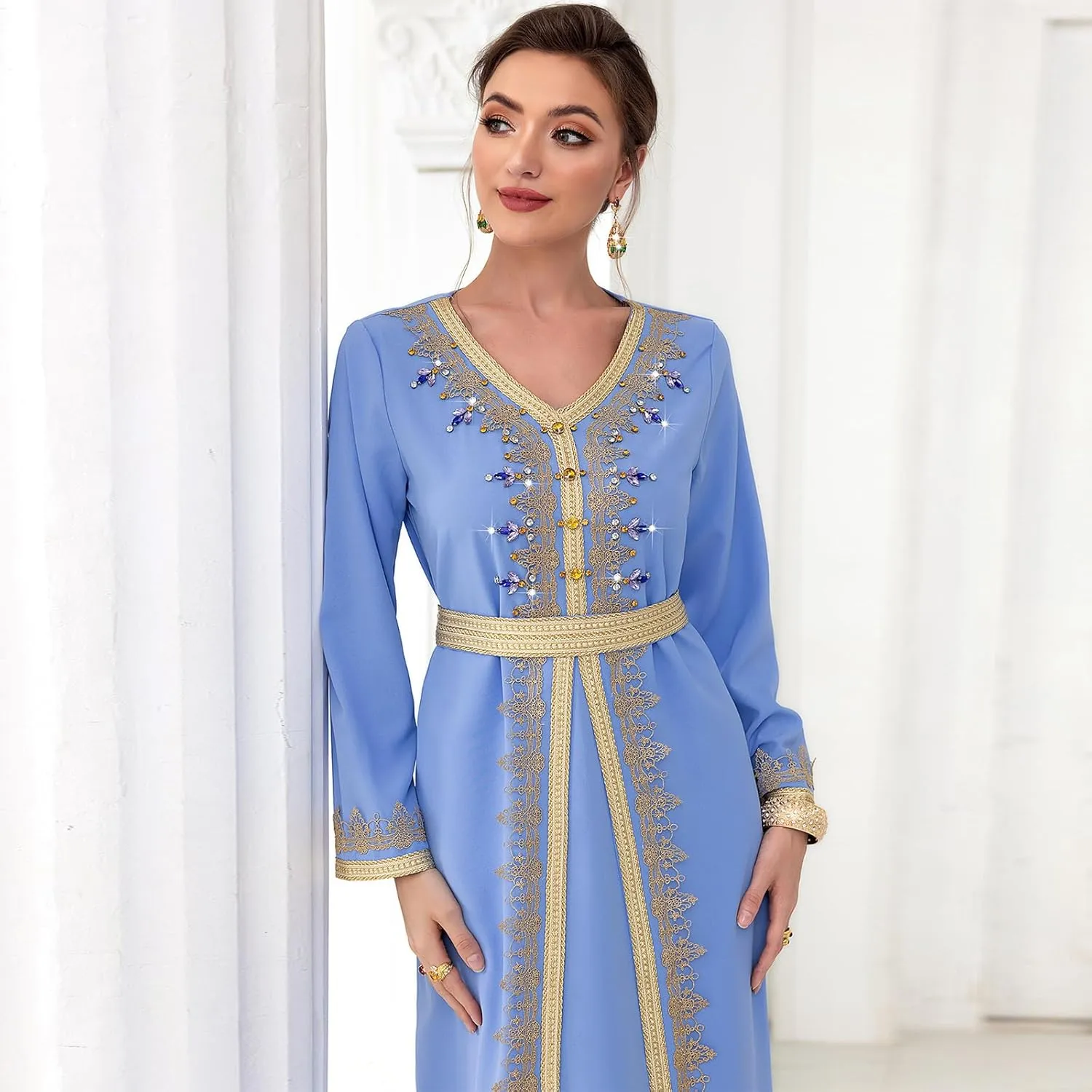 IDOPIP Embroidery Abayas for Women Muslim Moroccan Floral Maxi Kaftan Dress Arabic Islamic Dubai Robe Ramadan Prayer Clothes