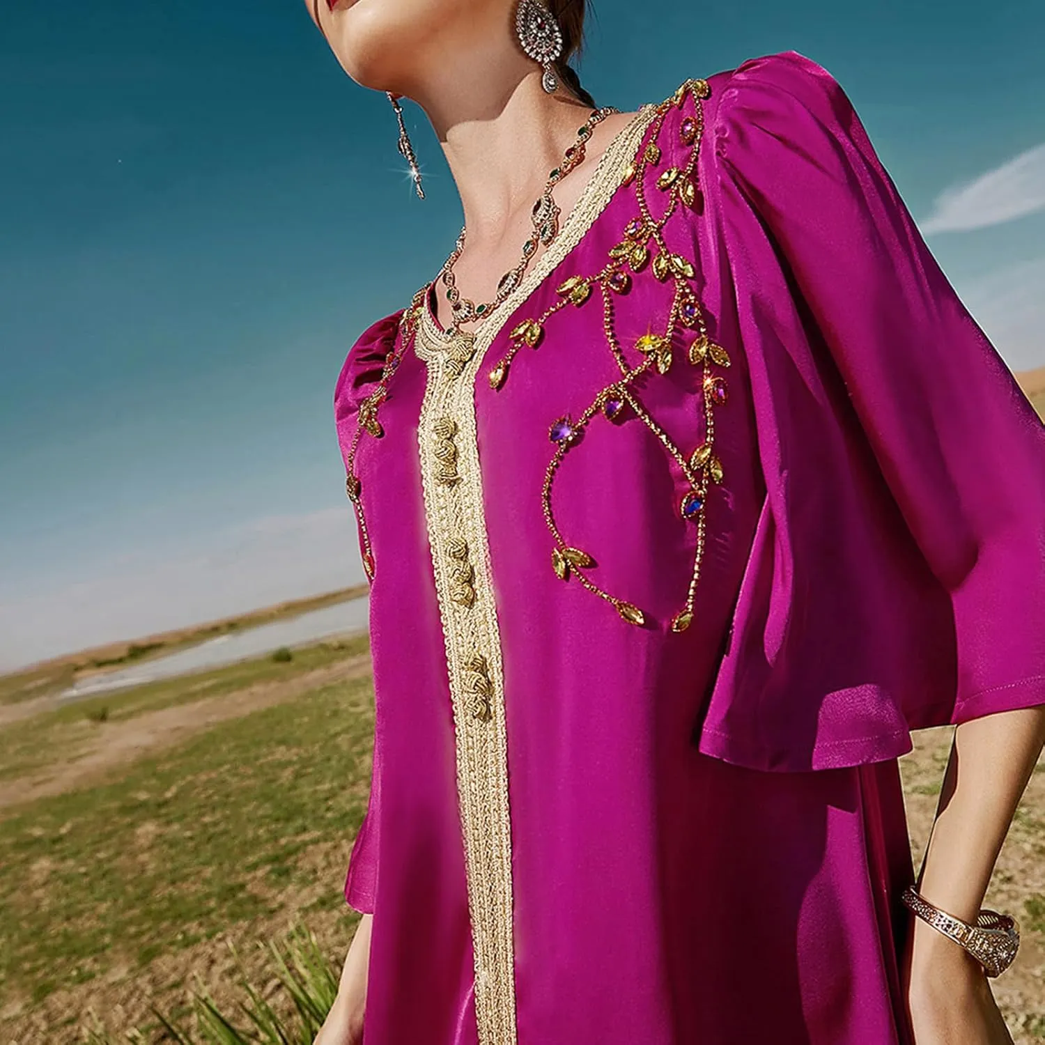 IDOPIP Embroidery Abayas for Women Muslim Moroccan Floral Maxi Kaftan Dress Arabic Islamic Dubai Robe Ramadan Prayer Clothes