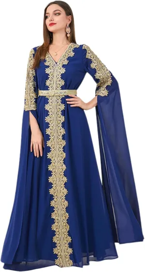 IDOPIP Embroidery Abayas for Women Muslim Moroccan Floral Maxi Kaftan Dress Arabic Islamic Dubai Robe Ramadan Prayer Clothes