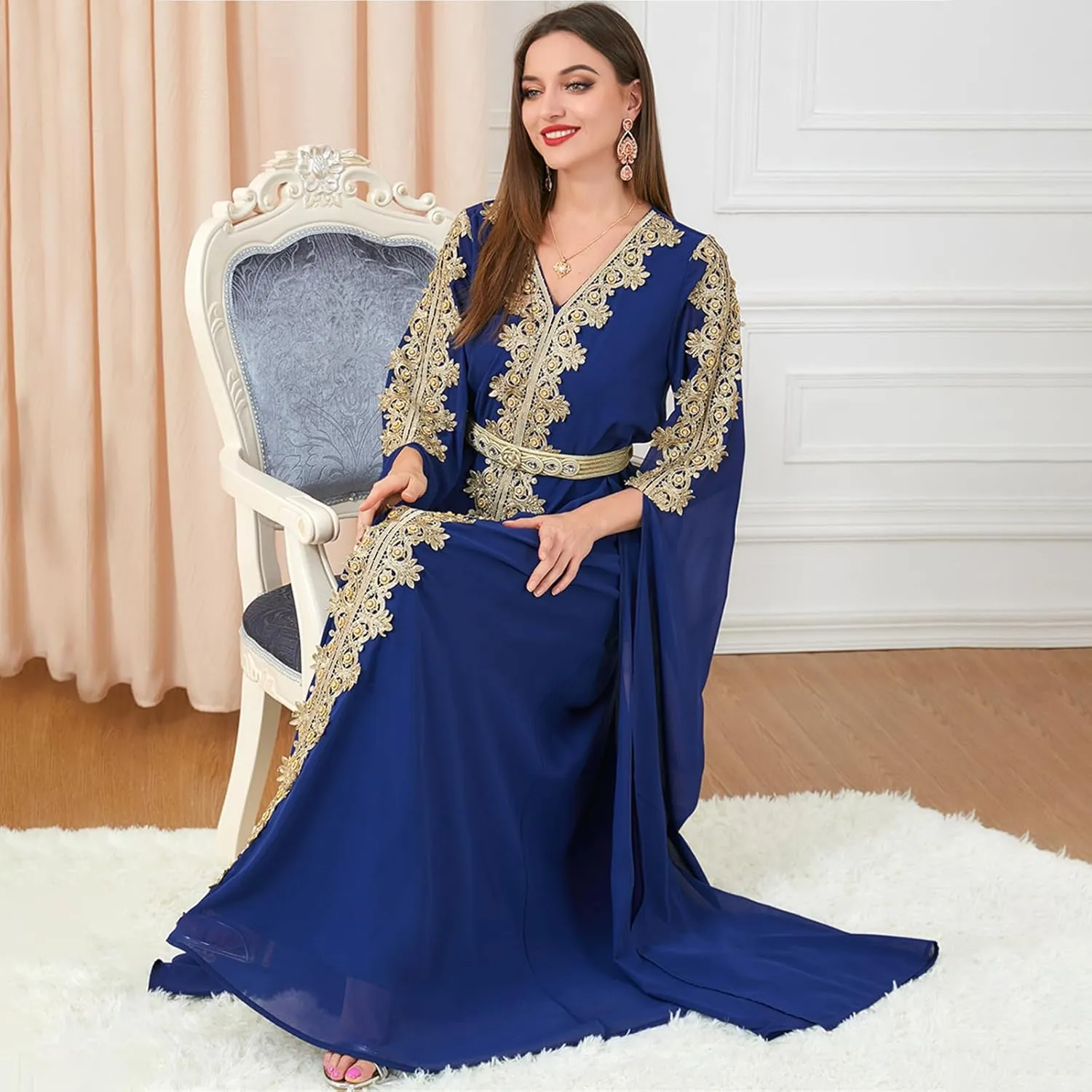 IDOPIP Embroidery Abayas for Women Muslim Moroccan Floral Maxi Kaftan Dress Arabic Islamic Dubai Robe Ramadan Prayer Clothes