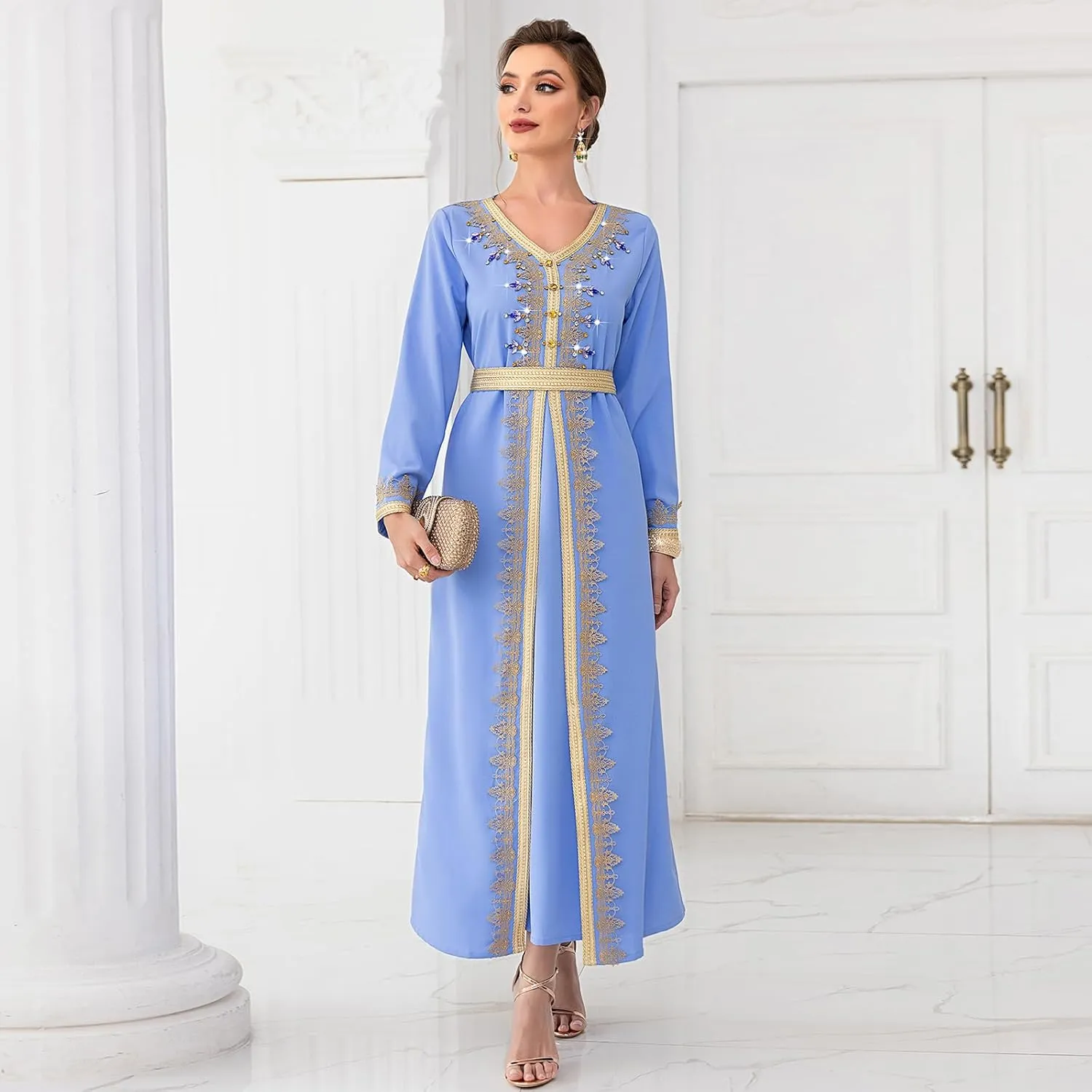 IDOPIP Embroidery Abayas for Women Muslim Moroccan Floral Maxi Kaftan Dress Arabic Islamic Dubai Robe Ramadan Prayer Clothes