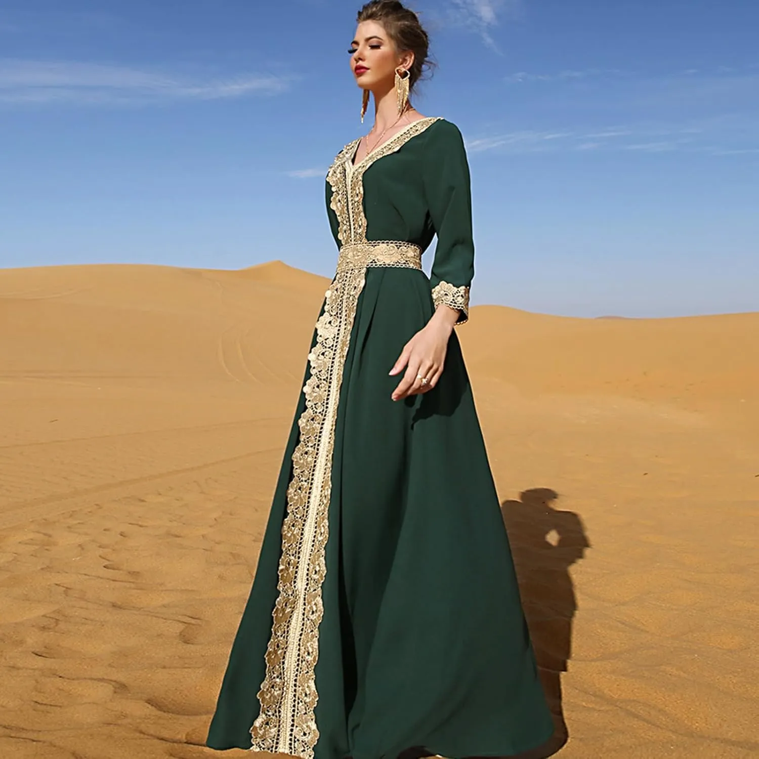 IDOPIP Embroidery Abayas for Women Muslim Moroccan Floral Maxi Kaftan Dress Arabic Islamic Dubai Robe Ramadan Prayer Clothes