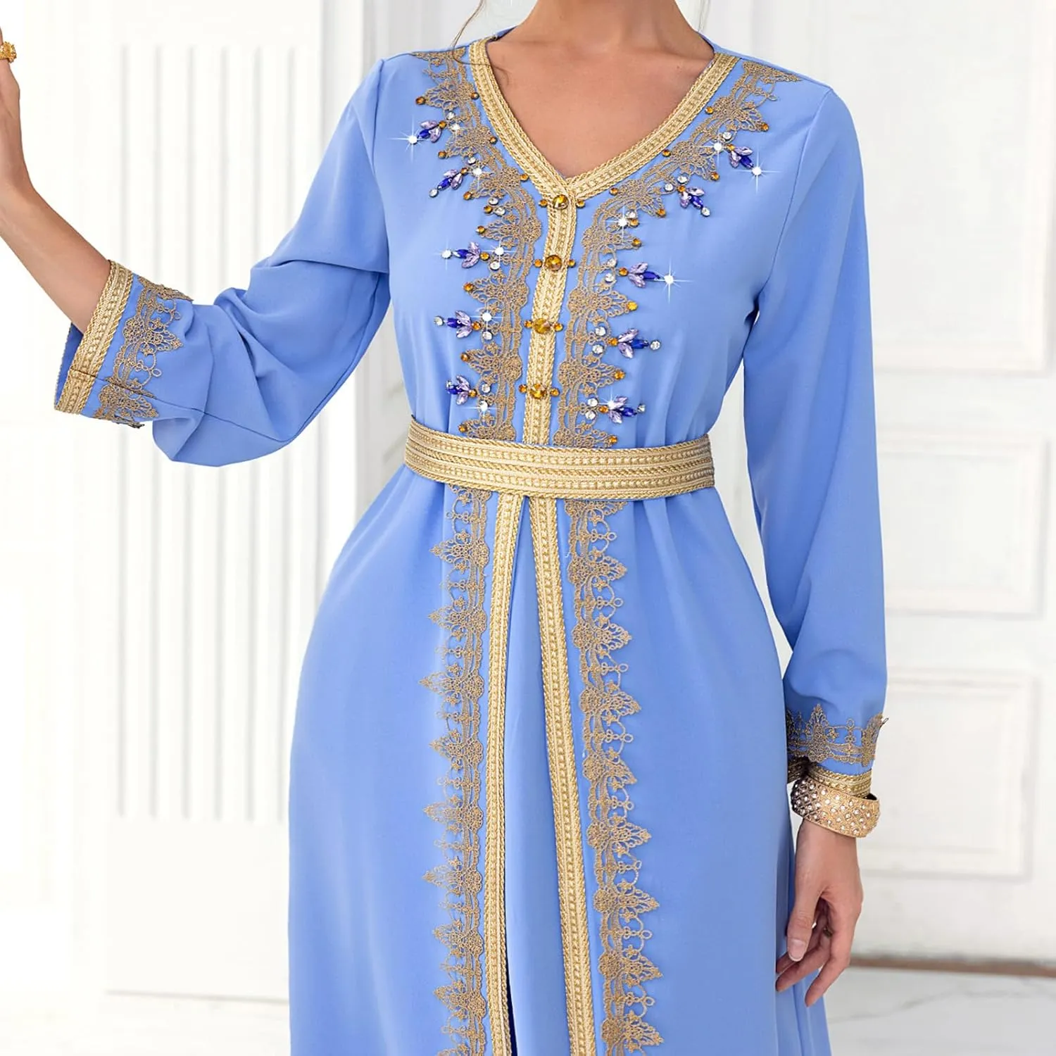 IDOPIP Embroidery Abayas for Women Muslim Moroccan Floral Maxi Kaftan Dress Arabic Islamic Dubai Robe Ramadan Prayer Clothes