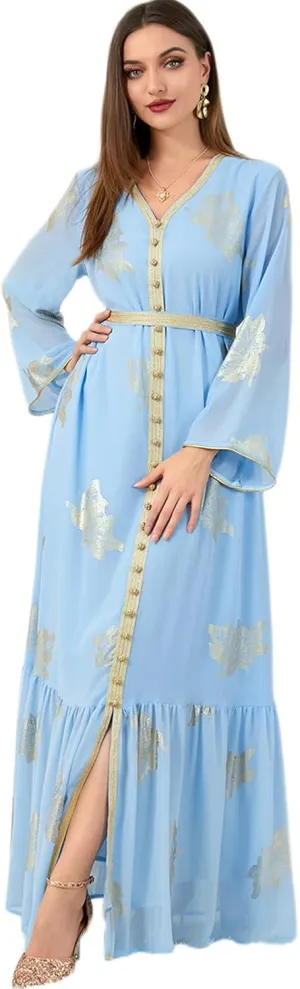 IDOPIP Embroidery Abayas for Women Muslim Moroccan Floral Maxi Kaftan Dress Arabic Islamic Dubai Robe Ramadan Prayer Clothes