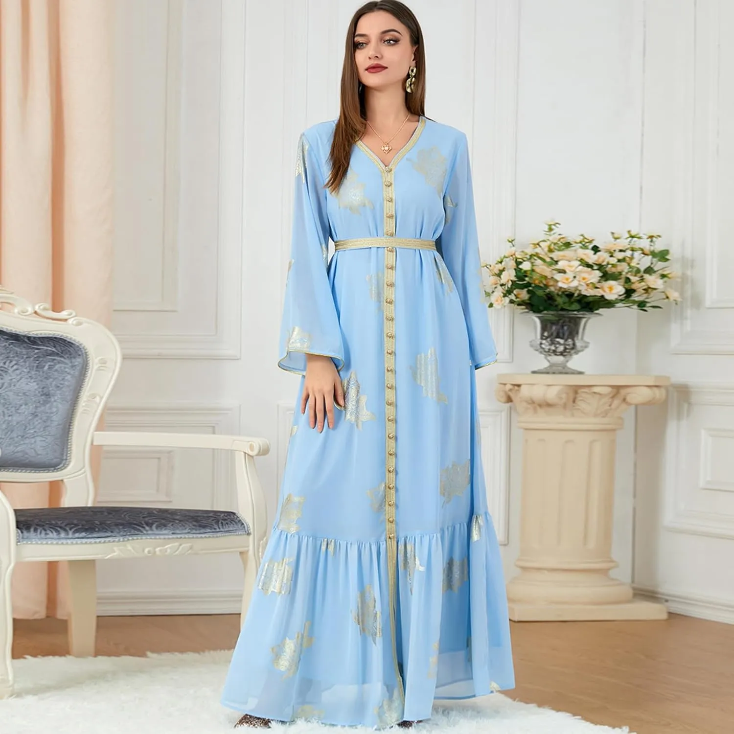 IDOPIP Embroidery Abayas for Women Muslim Moroccan Floral Maxi Kaftan Dress Arabic Islamic Dubai Robe Ramadan Prayer Clothes