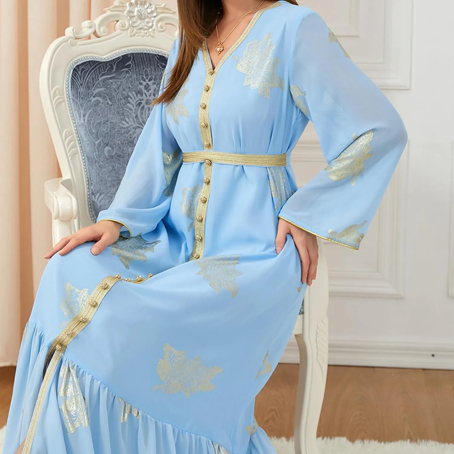 IDOPIP Embroidery Abayas for Women Muslim Moroccan Floral Maxi Kaftan Dress Arabic Islamic Dubai Robe Ramadan Prayer Clothes