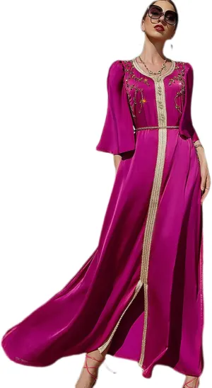 IDOPIP Embroidery Abayas for Women Muslim Moroccan Floral Maxi Kaftan Dress Arabic Islamic Dubai Robe Ramadan Prayer Clothes