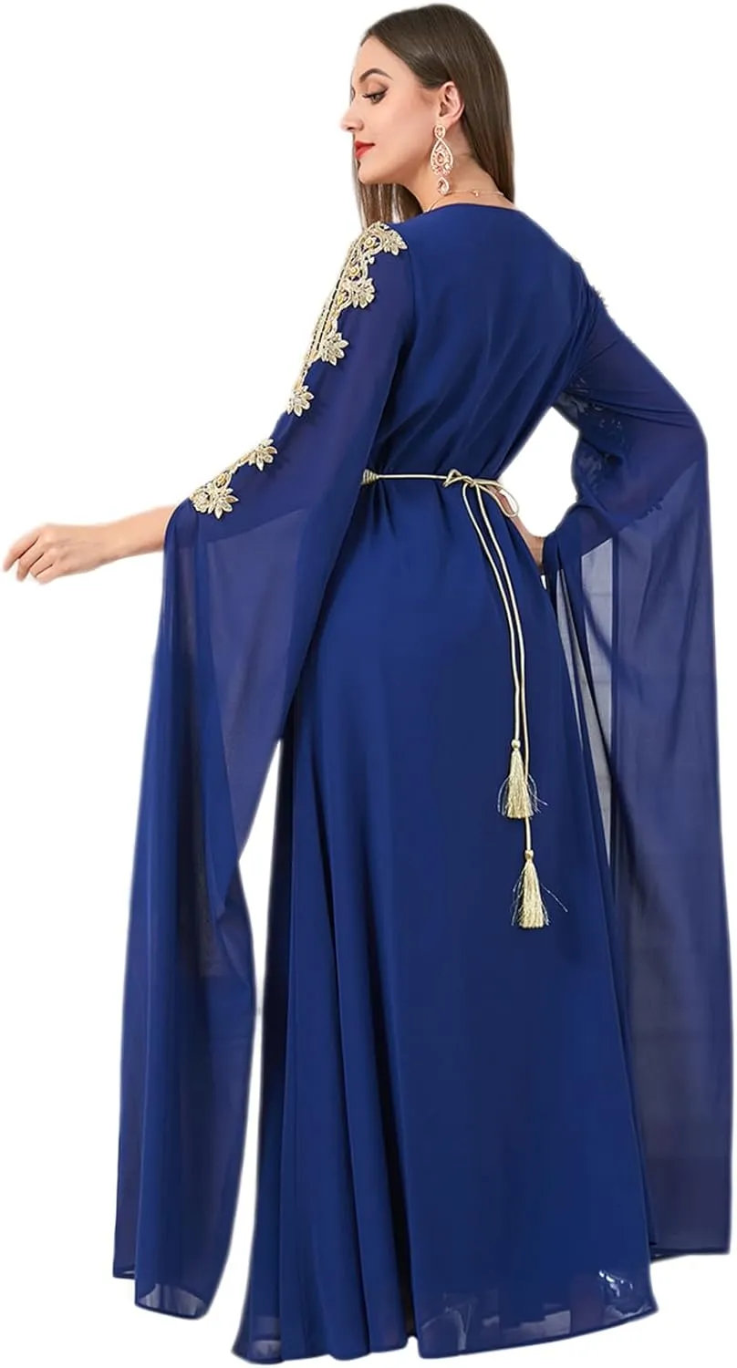 IDOPIP Embroidery Abayas for Women Muslim Moroccan Floral Maxi Kaftan Dress Arabic Islamic Dubai Robe Ramadan Prayer Clothes