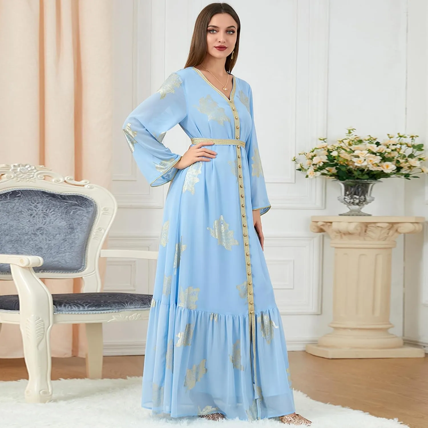 IDOPIP Embroidery Abayas for Women Muslim Moroccan Floral Maxi Kaftan Dress Arabic Islamic Dubai Robe Ramadan Prayer Clothes