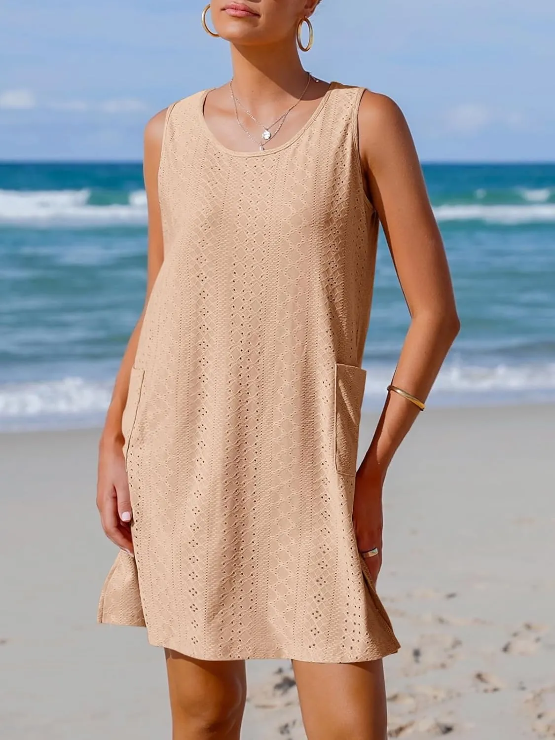 Imily Bela Womens Summer Dresses Casual Beach Tank Eyelet Sleeveless Sundresses 2025 Loose Swimsuit Coverup with Pockets