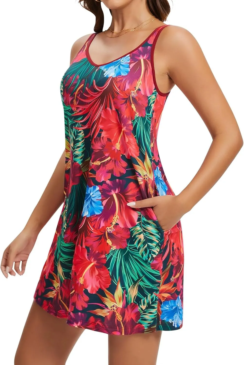JOYSHAPER Built in Bra Summer Dress Casual Beach Sundress Flowy Adjustable Strap Dress