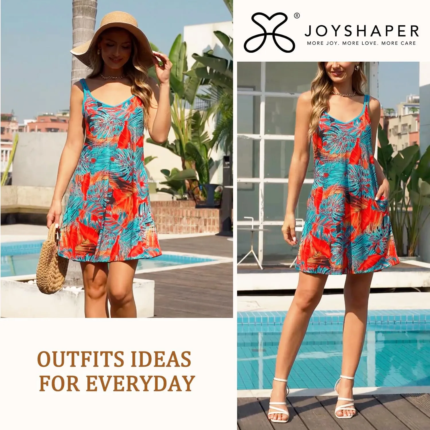 JOYSHAPER Built in Bra Summer Dress Casual Beach Sundress Flowy Adjustable Strap Dress