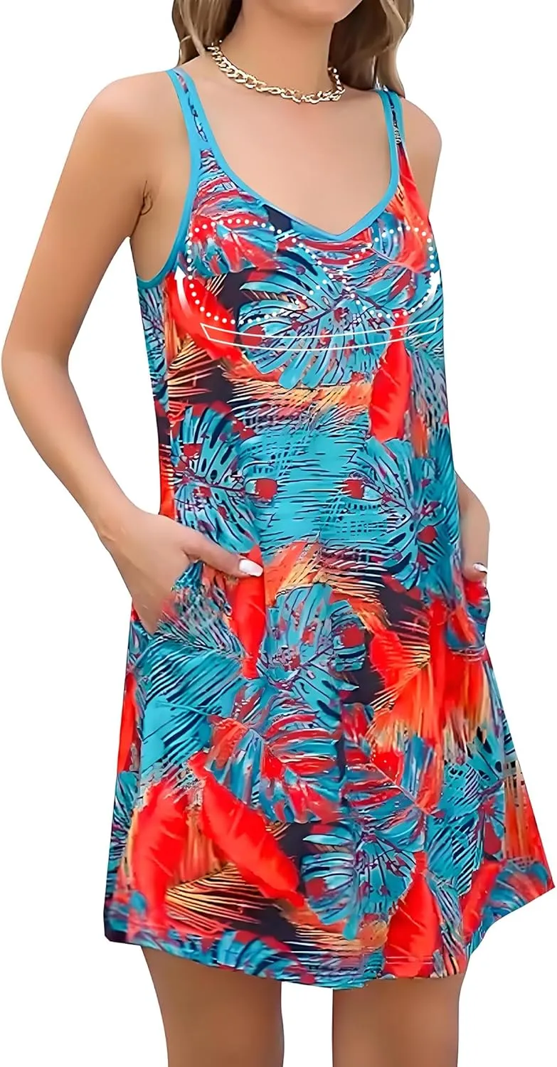 JOYSHAPER Built in Bra Summer Dress Casual Beach Sundress Flowy Adjustable Strap Dress