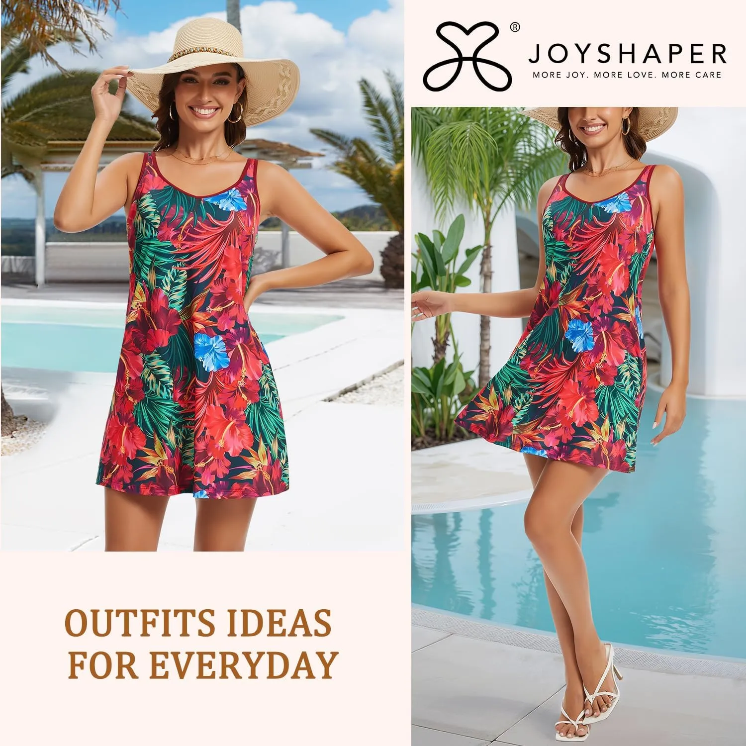 JOYSHAPER Built in Bra Summer Dress Casual Beach Sundress Flowy Adjustable Strap Dress