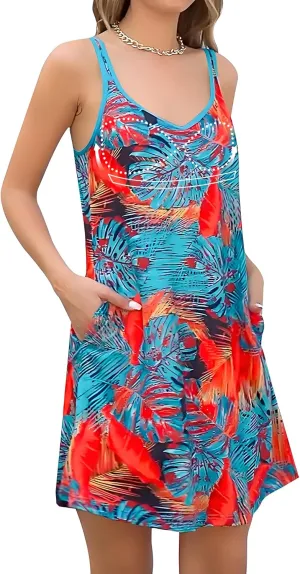 JOYSHAPER Built in Bra Summer Dress Casual Beach Sundress Flowy Adjustable Strap Dress