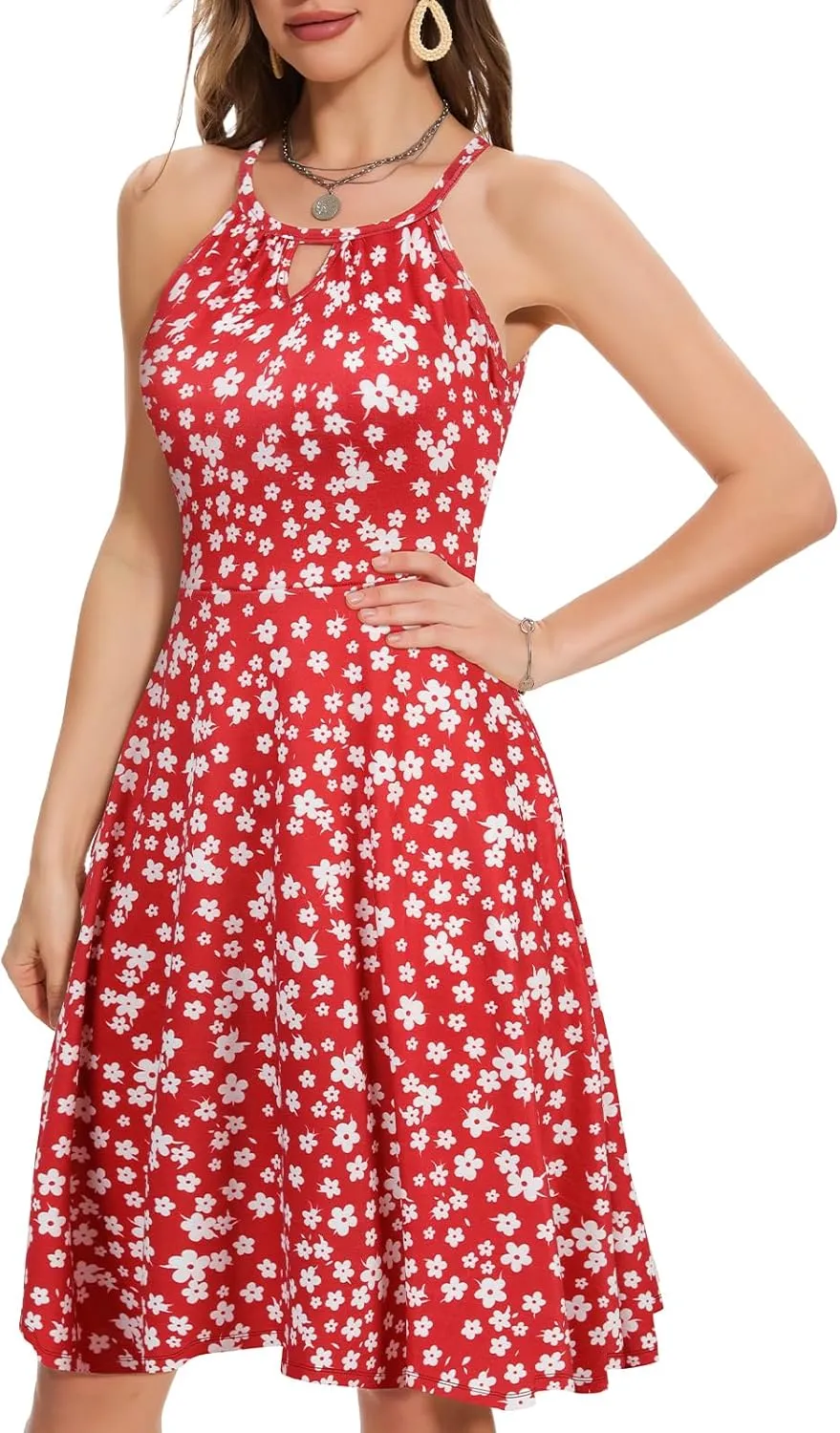 JOYSHAPER Built in Bra Summer Dress Casual Beach Sundress Flowy Halter Dress with Pockets