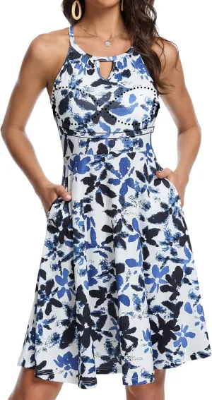 JOYSHAPER Built in Bra Summer Dress Casual Beach Sundress Flowy Halter Dress with Pockets