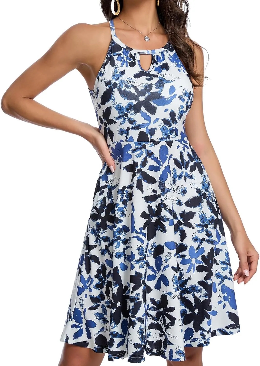 JOYSHAPER Built in Bra Summer Dress Casual Beach Sundress Flowy Halter Dress with Pockets