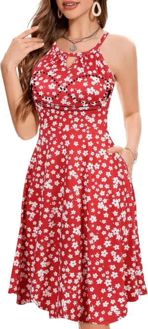 JOYSHAPER Built in Bra Summer Dress Casual Beach Sundress Flowy Halter Dress with Pockets
