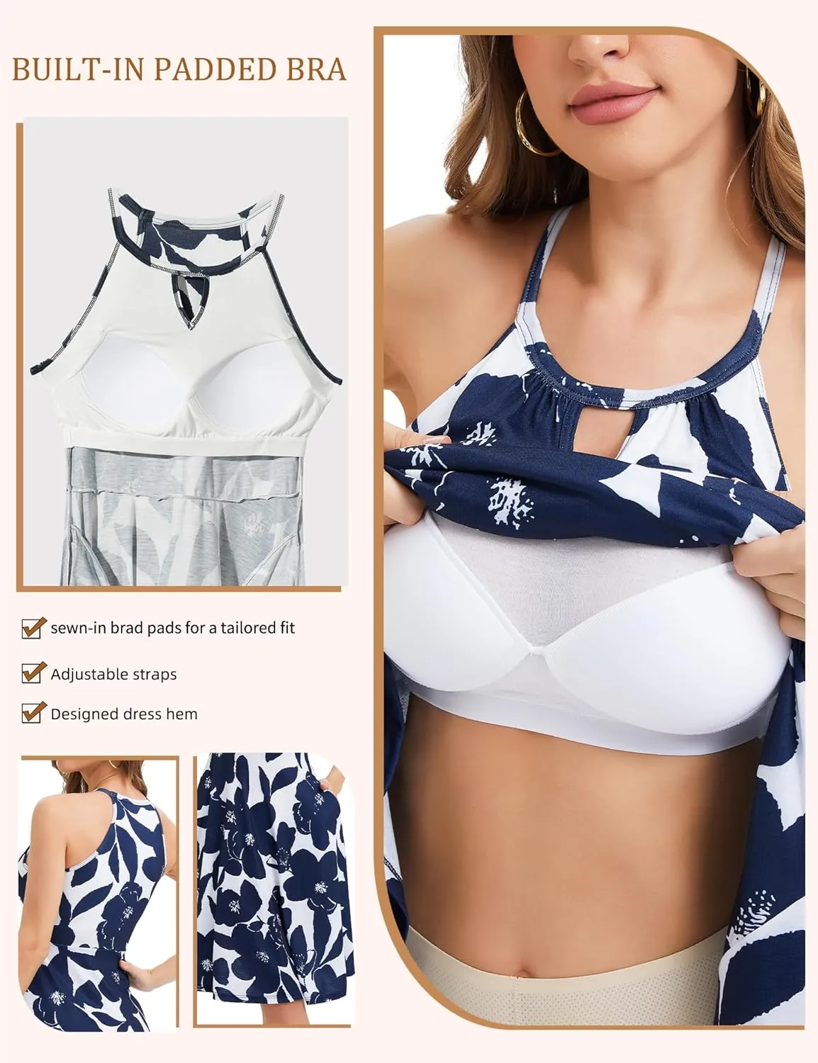 JOYSHAPER Built in Bra Summer Dress Casual Beach Sundress Flowy Halter Dress with Pockets