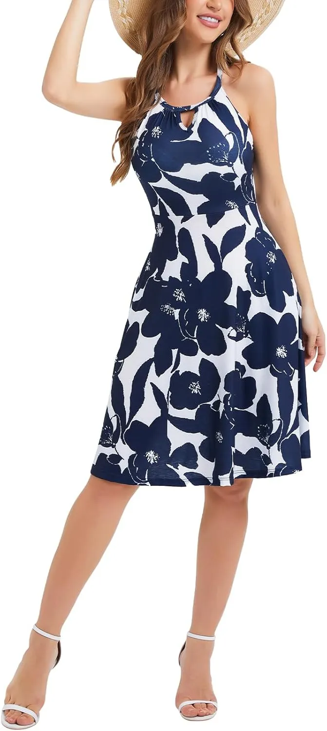 JOYSHAPER Built in Bra Summer Dress Casual Beach Sundress Flowy Halter Dress with Pockets