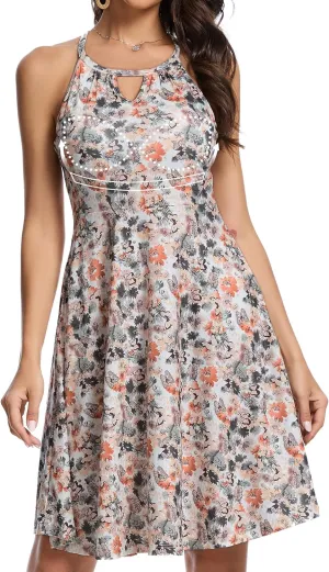 JOYSHAPER Built in Bra Summer Dress Casual Beach Sundress Flowy Halter Dress with Pockets