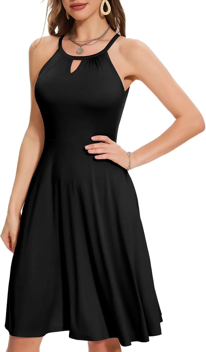JOYSHAPER Built in Bra Summer Dress Casual Beach Sundress Flowy Halter Dress with Pockets