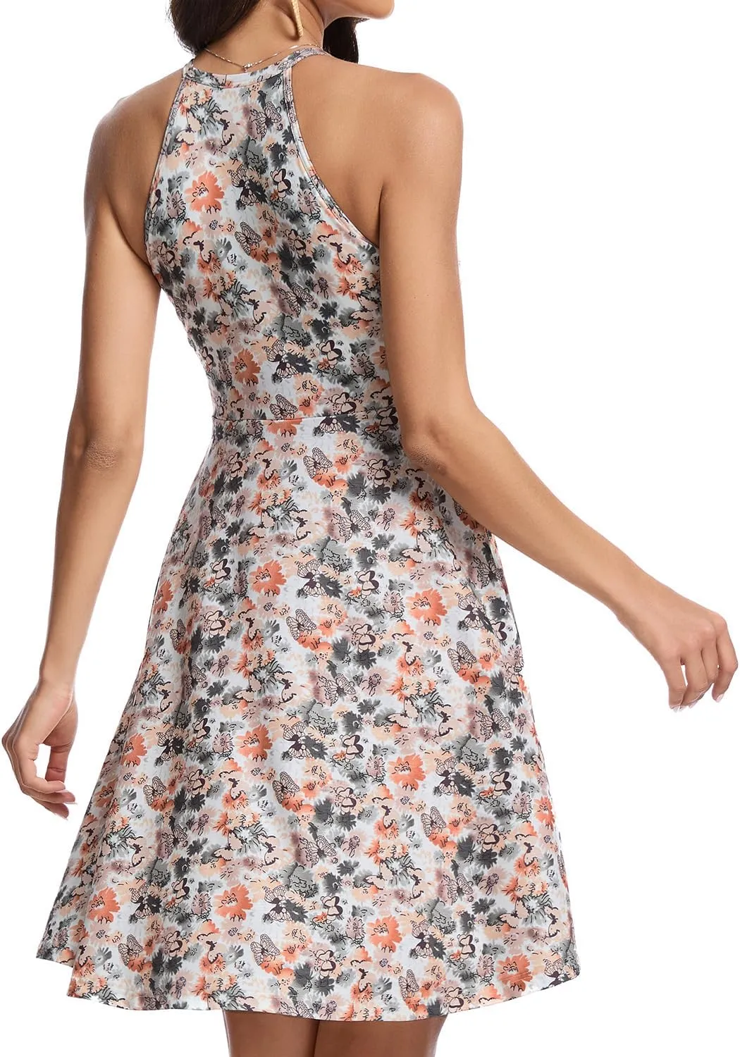 JOYSHAPER Built in Bra Summer Dress Casual Beach Sundress Flowy Halter Dress with Pockets