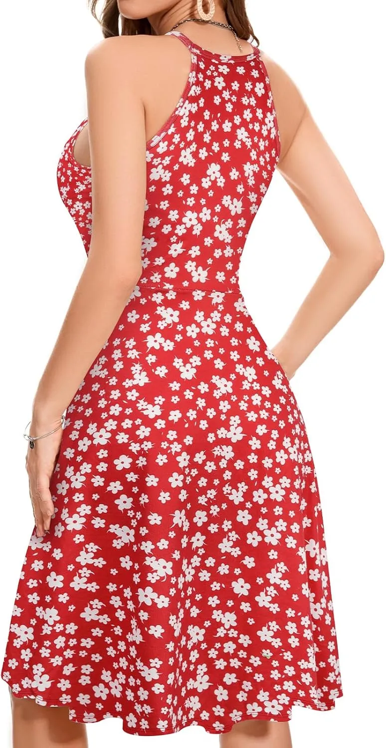 JOYSHAPER Built in Bra Summer Dress Casual Beach Sundress Flowy Halter Dress with Pockets