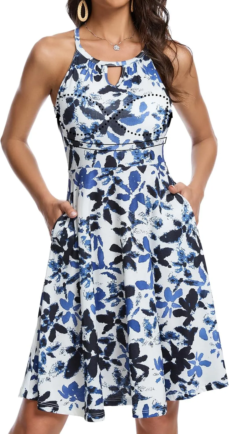 JOYSHAPER Built in Bra Summer Dress Casual Beach Sundress Flowy Halter Dress with Pockets