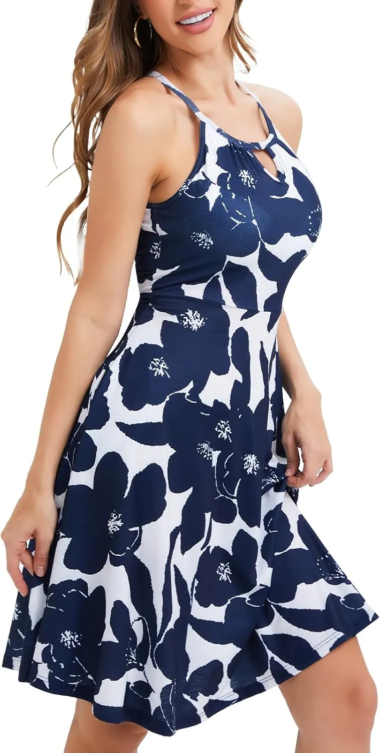 JOYSHAPER Built in Bra Summer Dress Casual Beach Sundress Flowy Halter Dress with Pockets