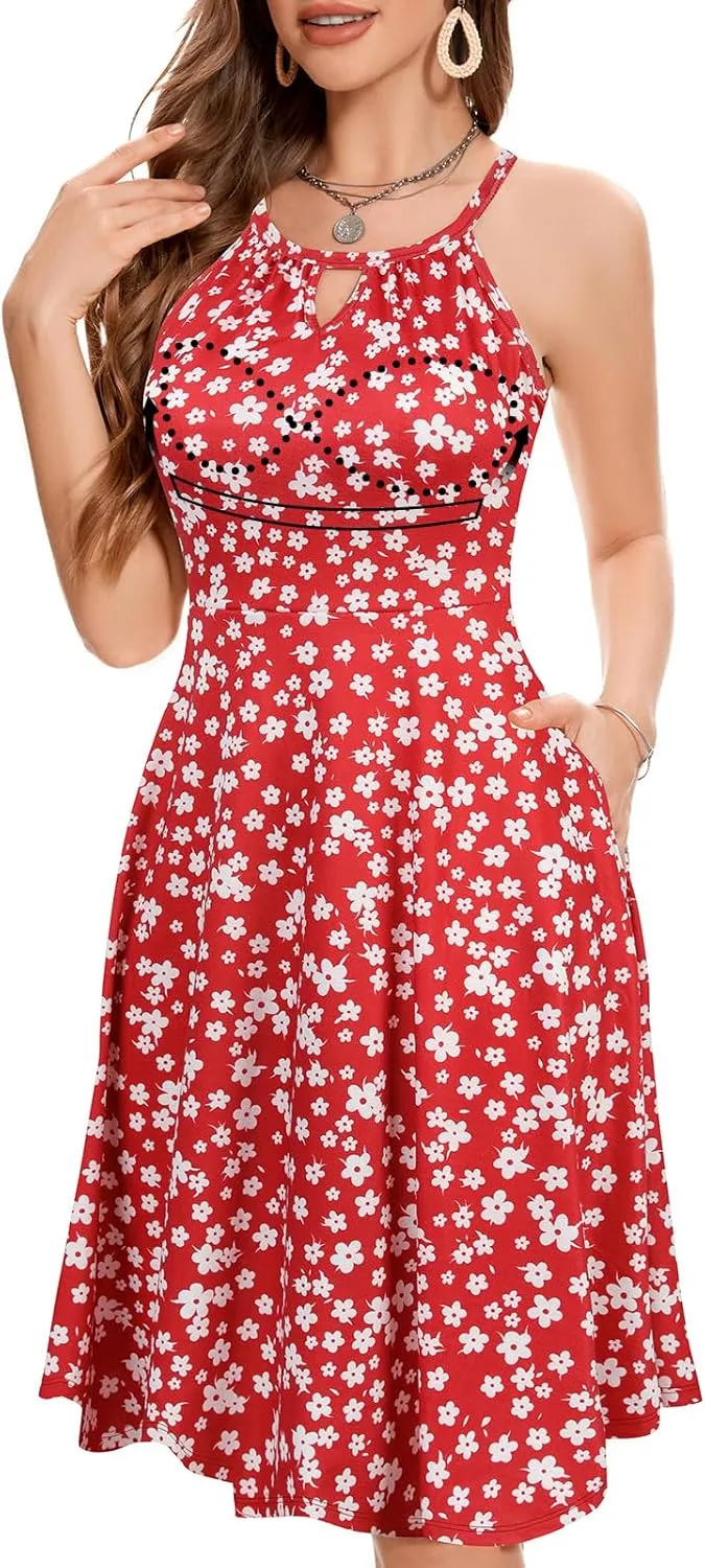 JOYSHAPER Built in Bra Summer Dress Casual Beach Sundress Flowy Halter Dress with Pockets