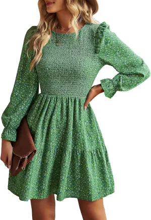 KIRUNDO Spring Dresses for Women 2025 Summer Smocked Long Sleeve Floral Crewneck Ruffle A Line Flowy Party Mini Dress