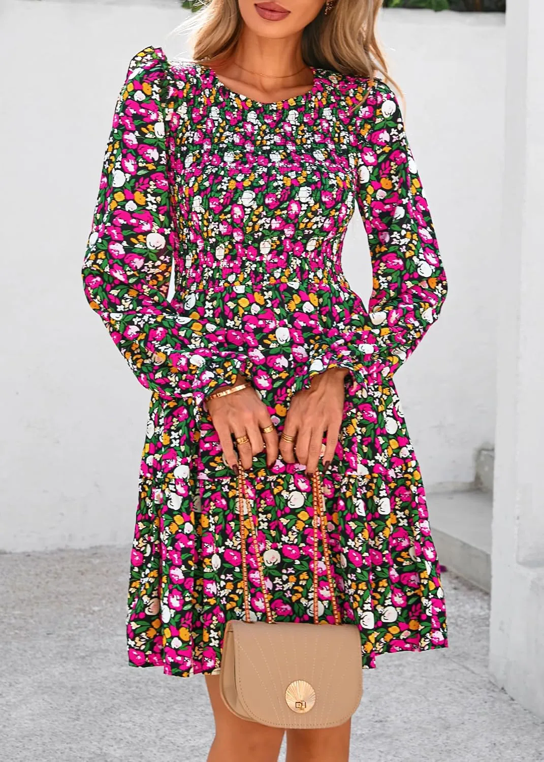 KIRUNDO Spring Dresses for Women 2025 Summer Smocked Long Sleeve Floral Crewneck Ruffle A Line Flowy Party Mini Dress