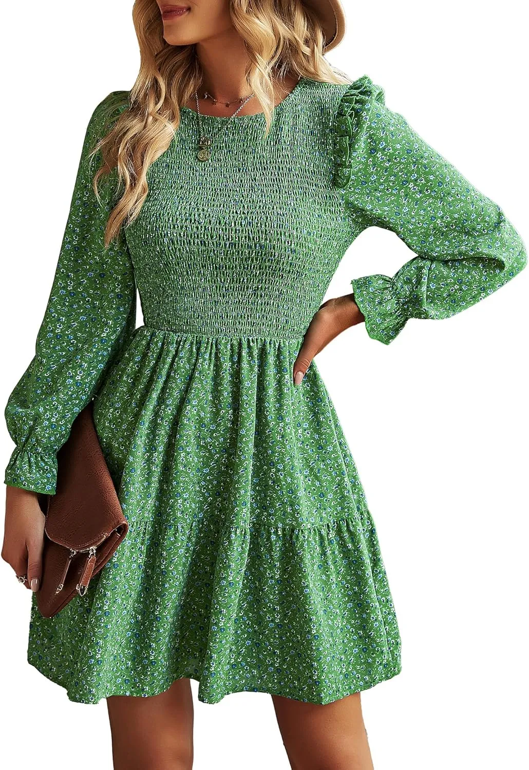 KIRUNDO Spring Dresses for Women 2025 Summer Smocked Long Sleeve Floral Crewneck Ruffle A Line Flowy Party Mini Dress