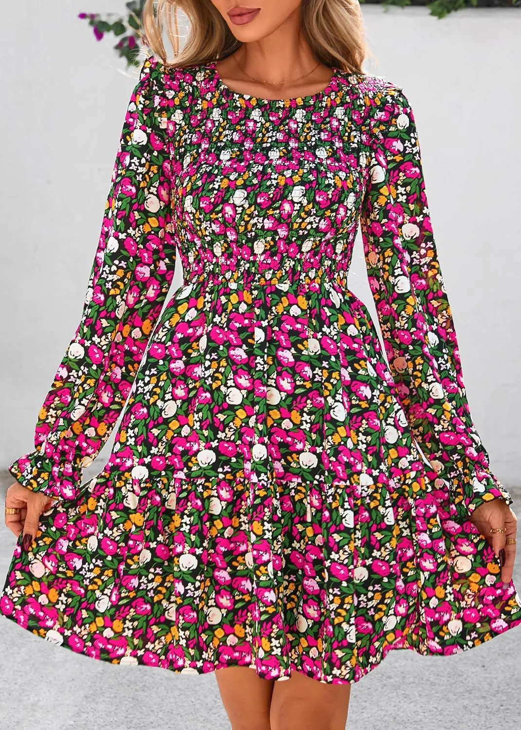 KIRUNDO Spring Dresses for Women 2025 Summer Smocked Long Sleeve Floral Crewneck Ruffle A Line Flowy Party Mini Dress