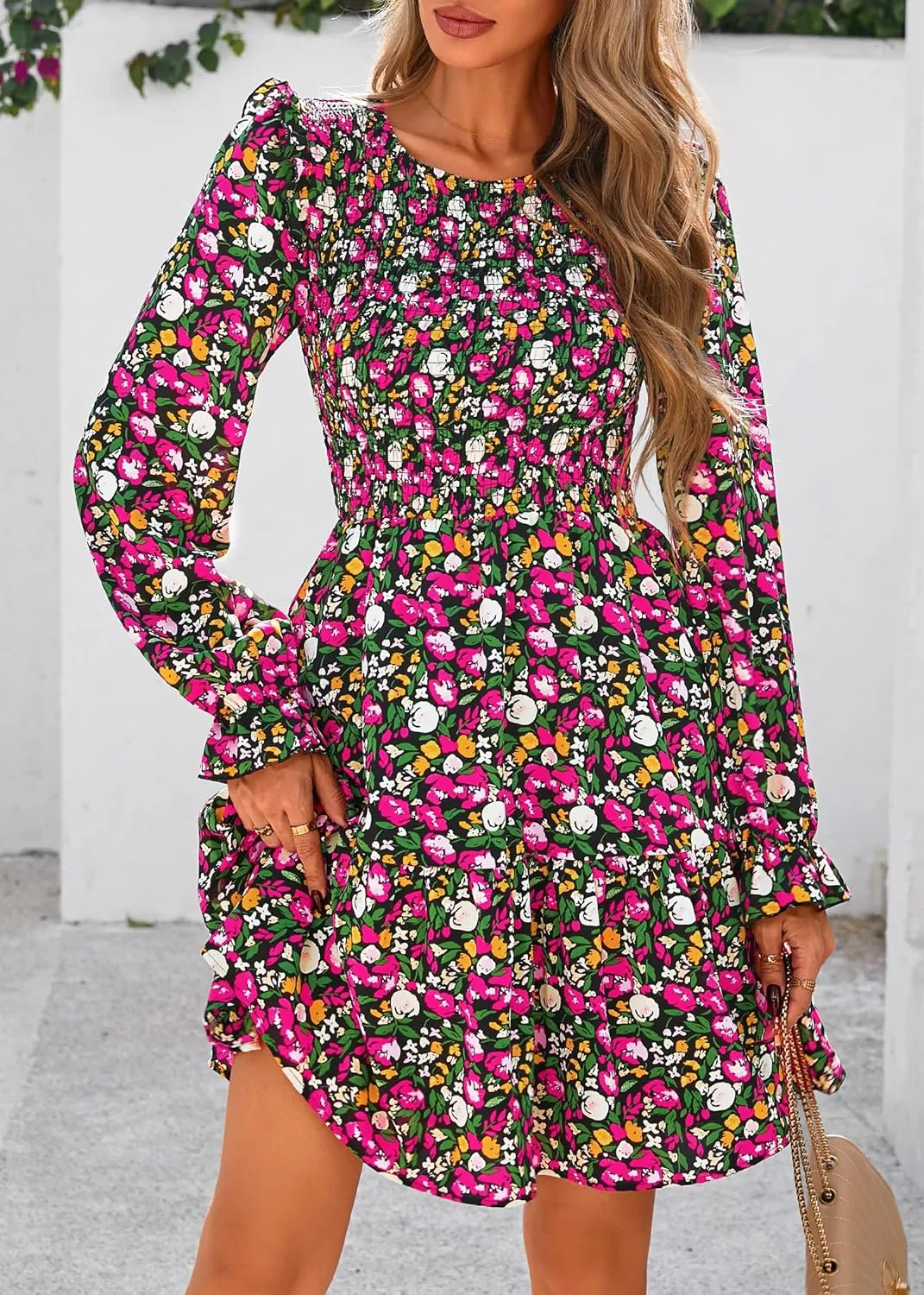 KIRUNDO Spring Dresses for Women 2025 Summer Smocked Long Sleeve Floral Crewneck Ruffle A Line Flowy Party Mini Dress
