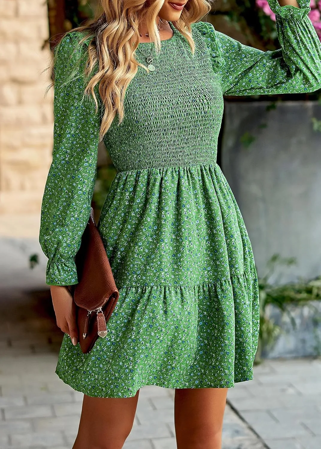 KIRUNDO Spring Dresses for Women 2025 Summer Smocked Long Sleeve Floral Crewneck Ruffle A Line Flowy Party Mini Dress