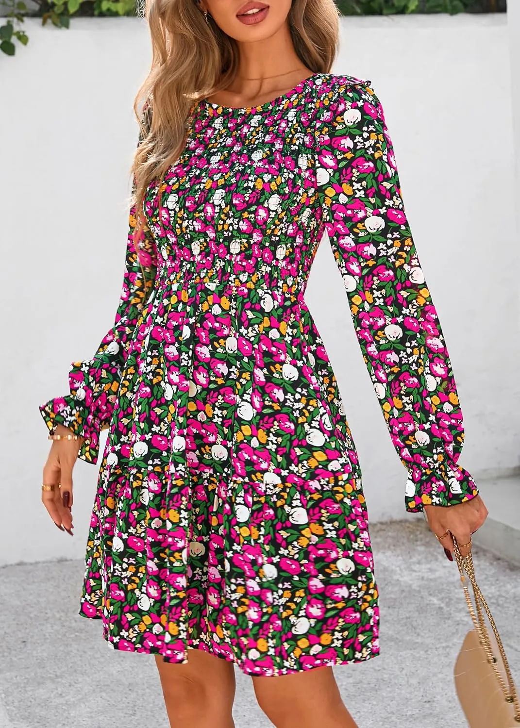 KIRUNDO Spring Dresses for Women 2025 Summer Smocked Long Sleeve Floral Crewneck Ruffle A Line Flowy Party Mini Dress