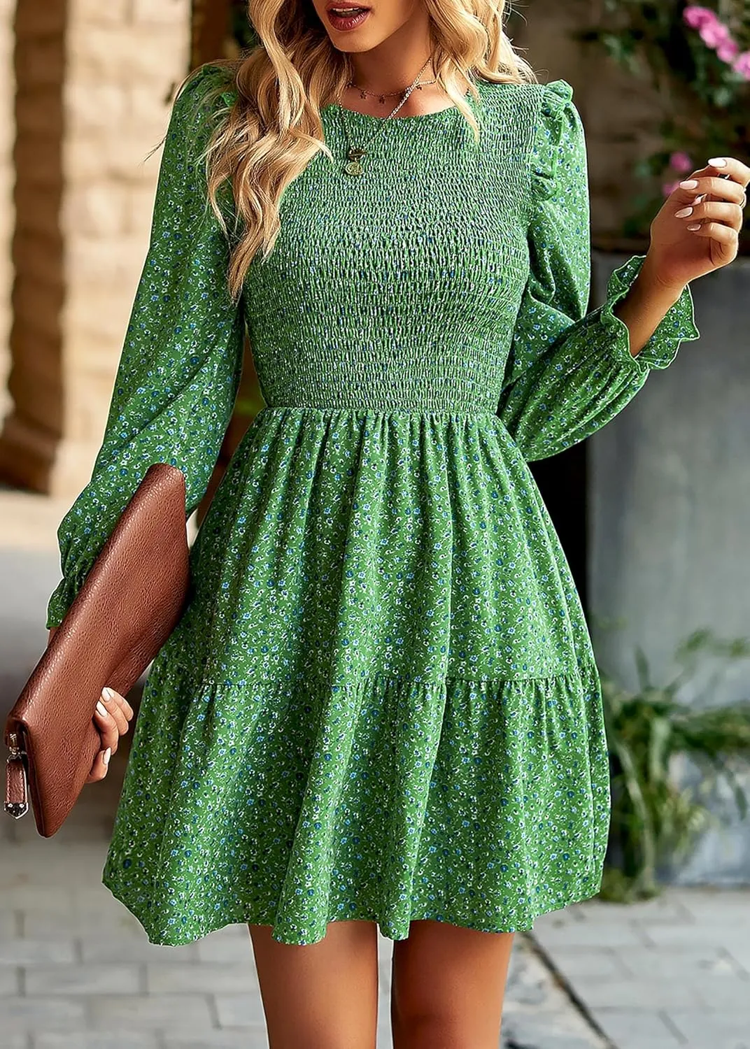 KIRUNDO Spring Dresses for Women 2025 Summer Smocked Long Sleeve Floral Crewneck Ruffle A Line Flowy Party Mini Dress