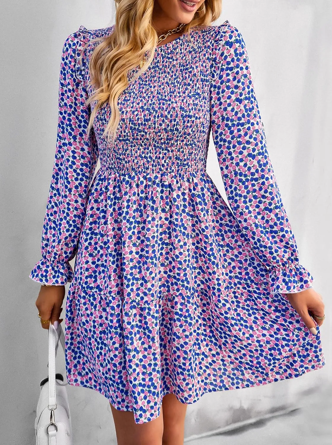 KIRUNDO Spring Dresses for Women 2025 Summer Smocked Long Sleeve Floral Crewneck Ruffle A Line Flowy Party Mini Dress